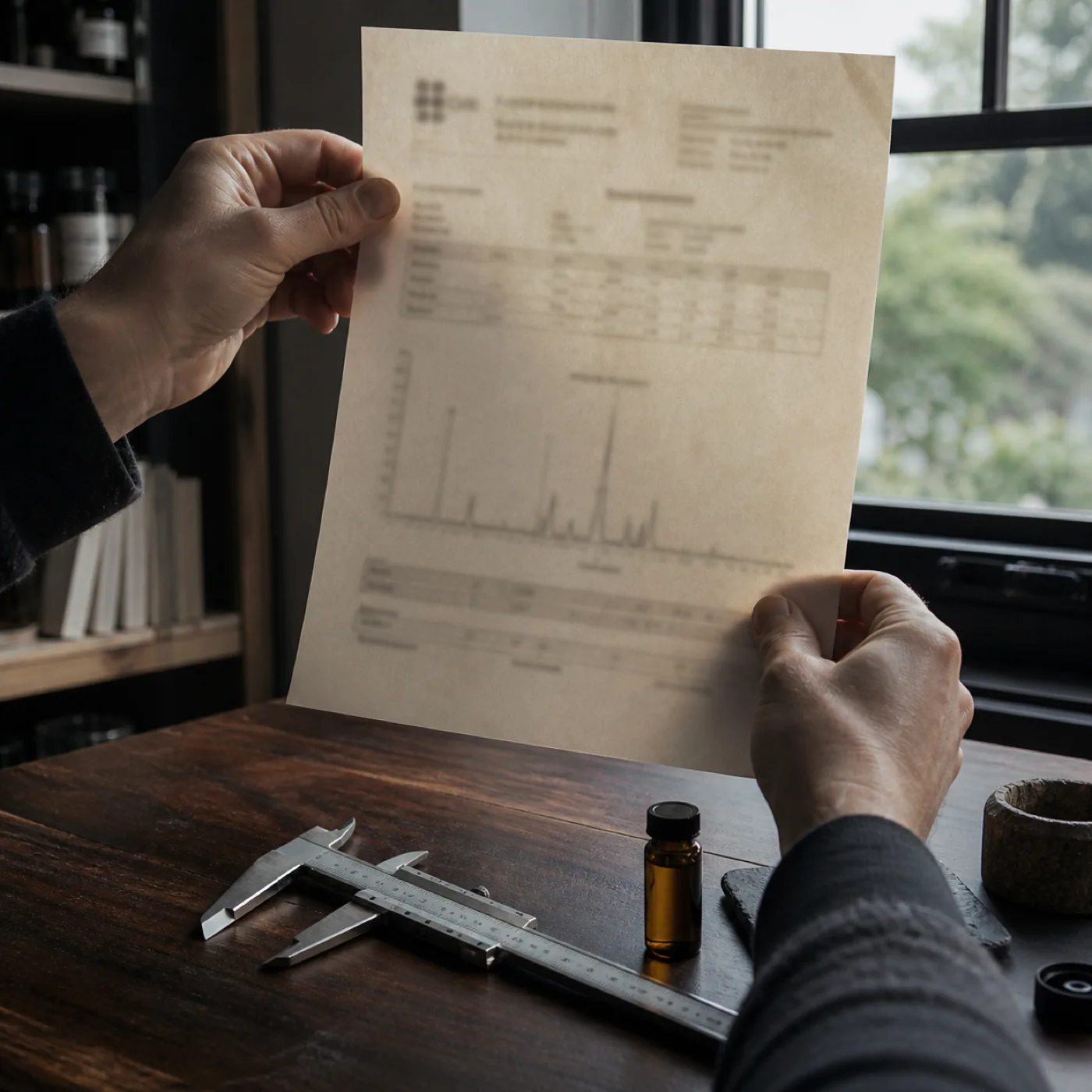 A blurred laboratory certificate held up to daylight for inspection