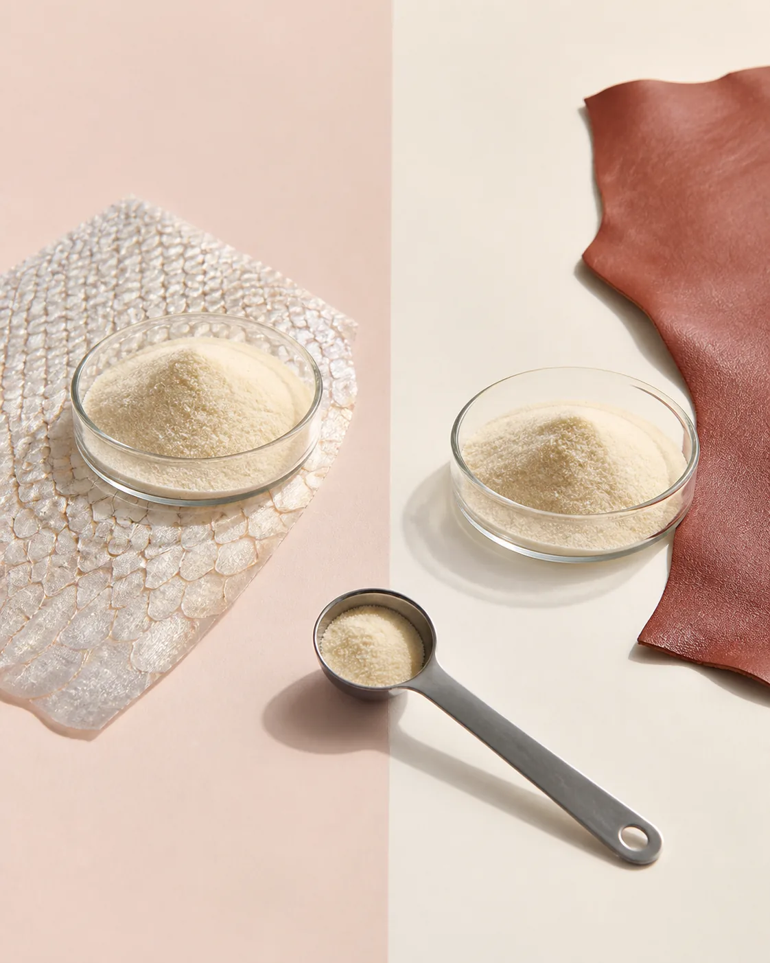 Two collagen powders arranged with fish skin and leather-like material