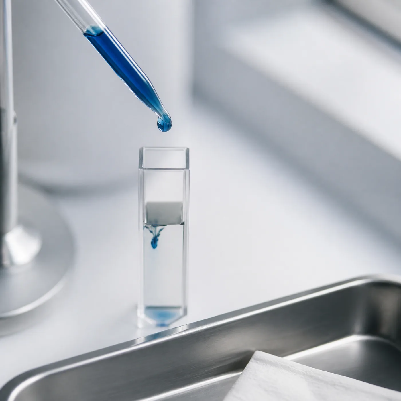 A blue ingredient sample transferred into a glass cuvette