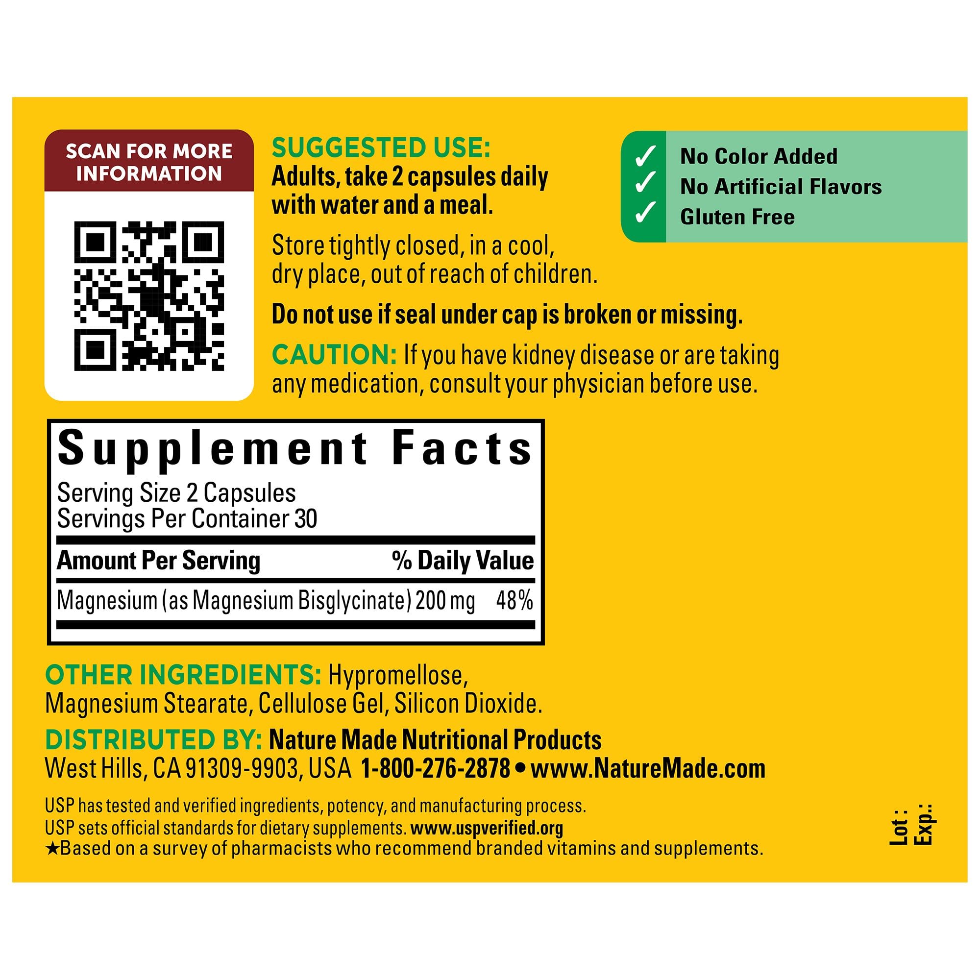 Nature Made manufacturer label showing a two-capsule serving, 200 mg magnesium and 30 servings per container