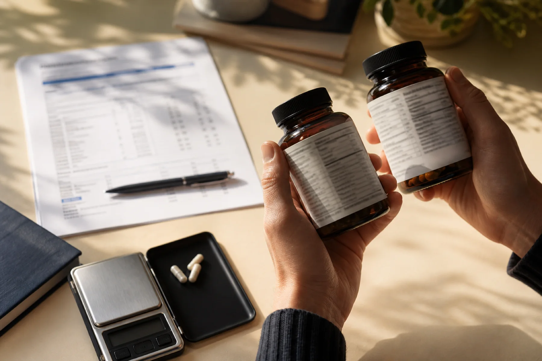 Two unbranded supplement labels being compared beside a test report and scale