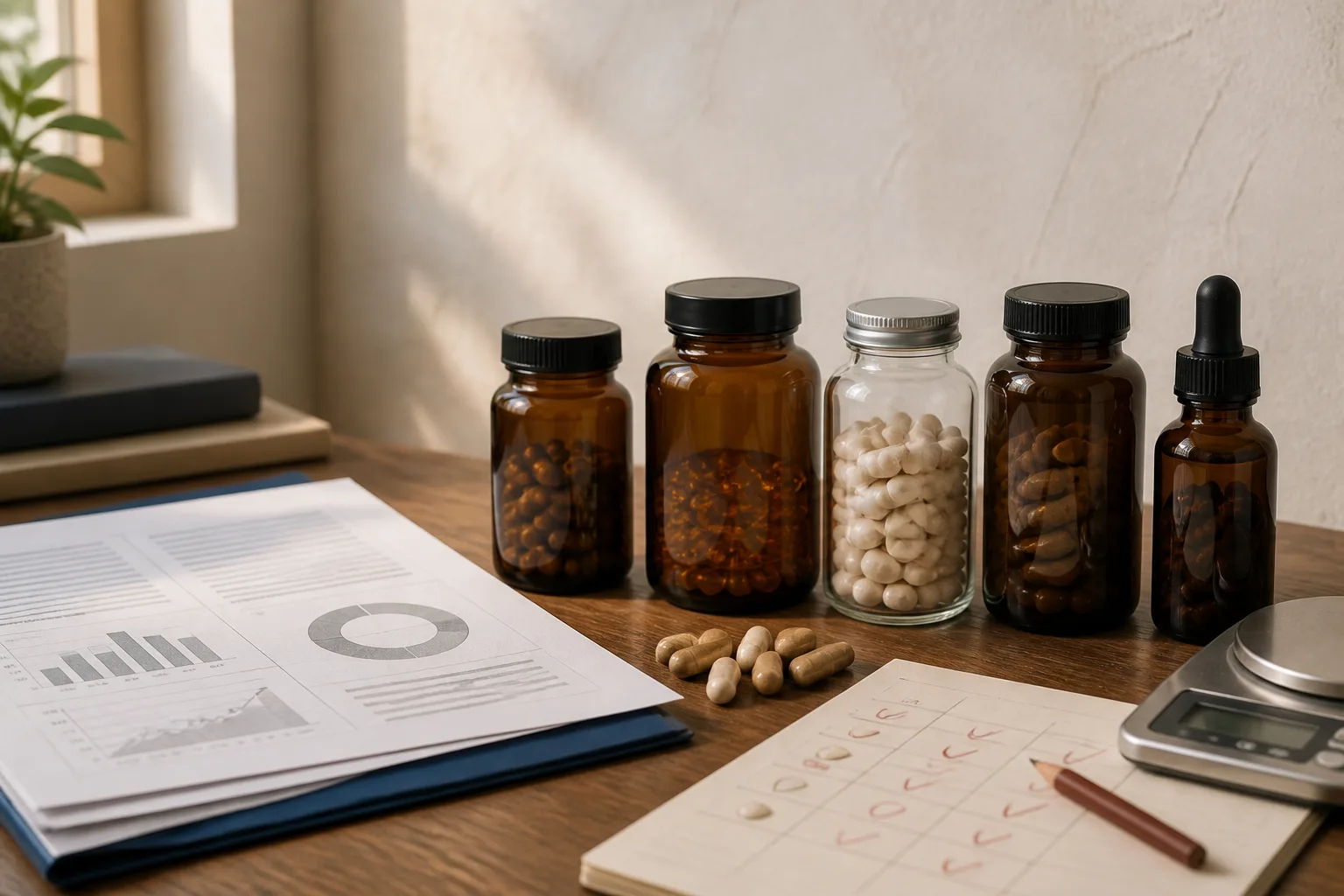 Five unbranded supplement bottles compared with a test report and scale