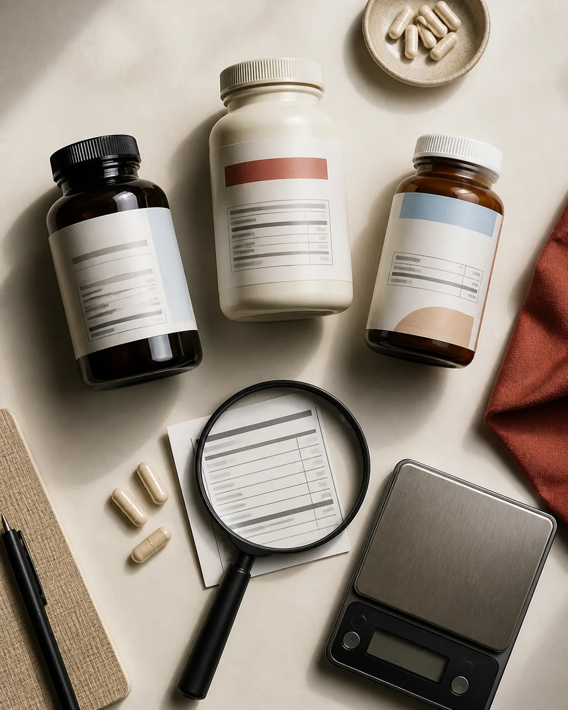 Supplement containers and a magnifying glass arranged for a label comparison